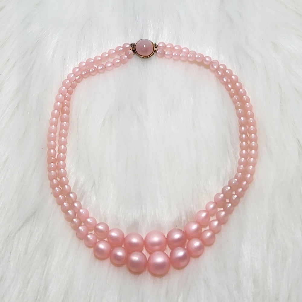 Sweet Vintage Doubled Strand Elegant Faux Pink Pearl Necklace - Picture 6 of 7